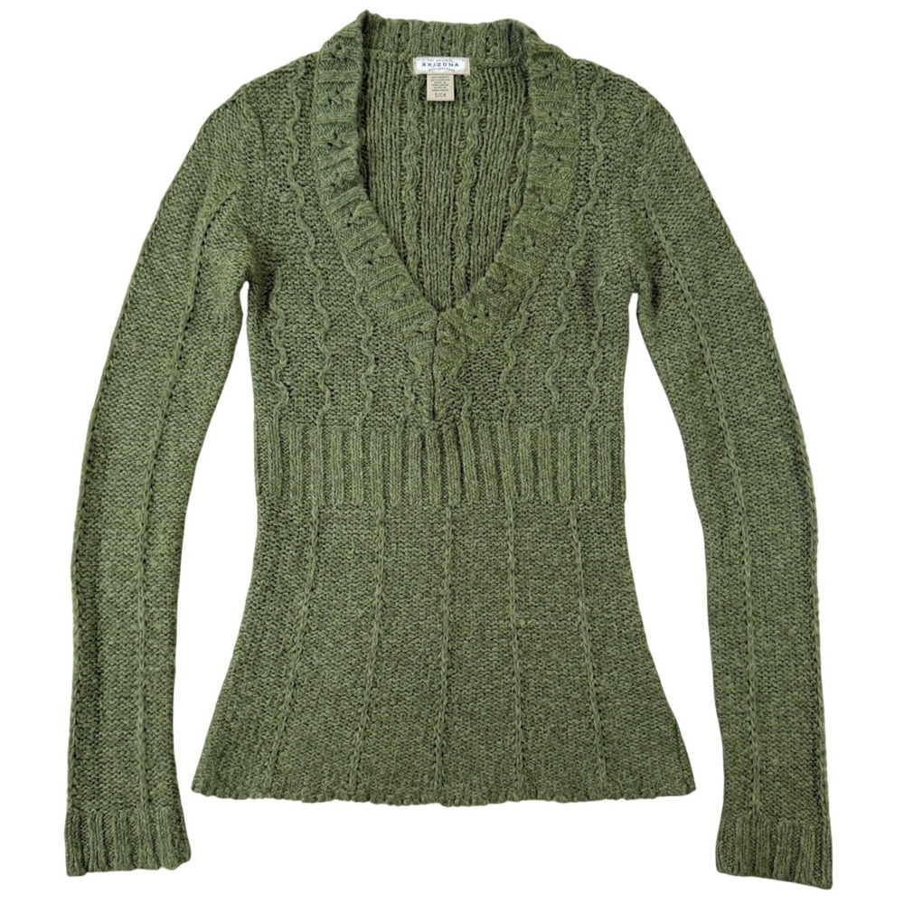 Y2K Cable Knit Sweater Arizona Women SM Green V-Neck Fairy Whimsigoth Textured